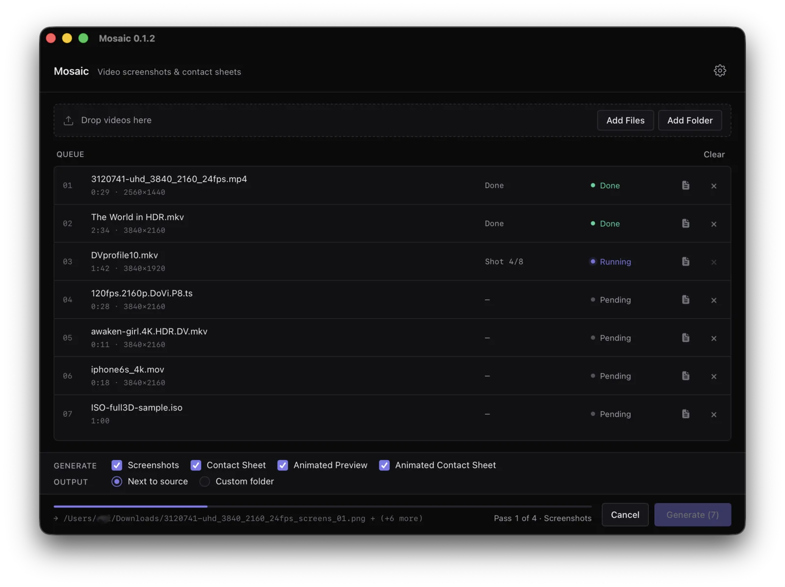 Mosaic app window showing a drag-and-drop batch queue with video files processing