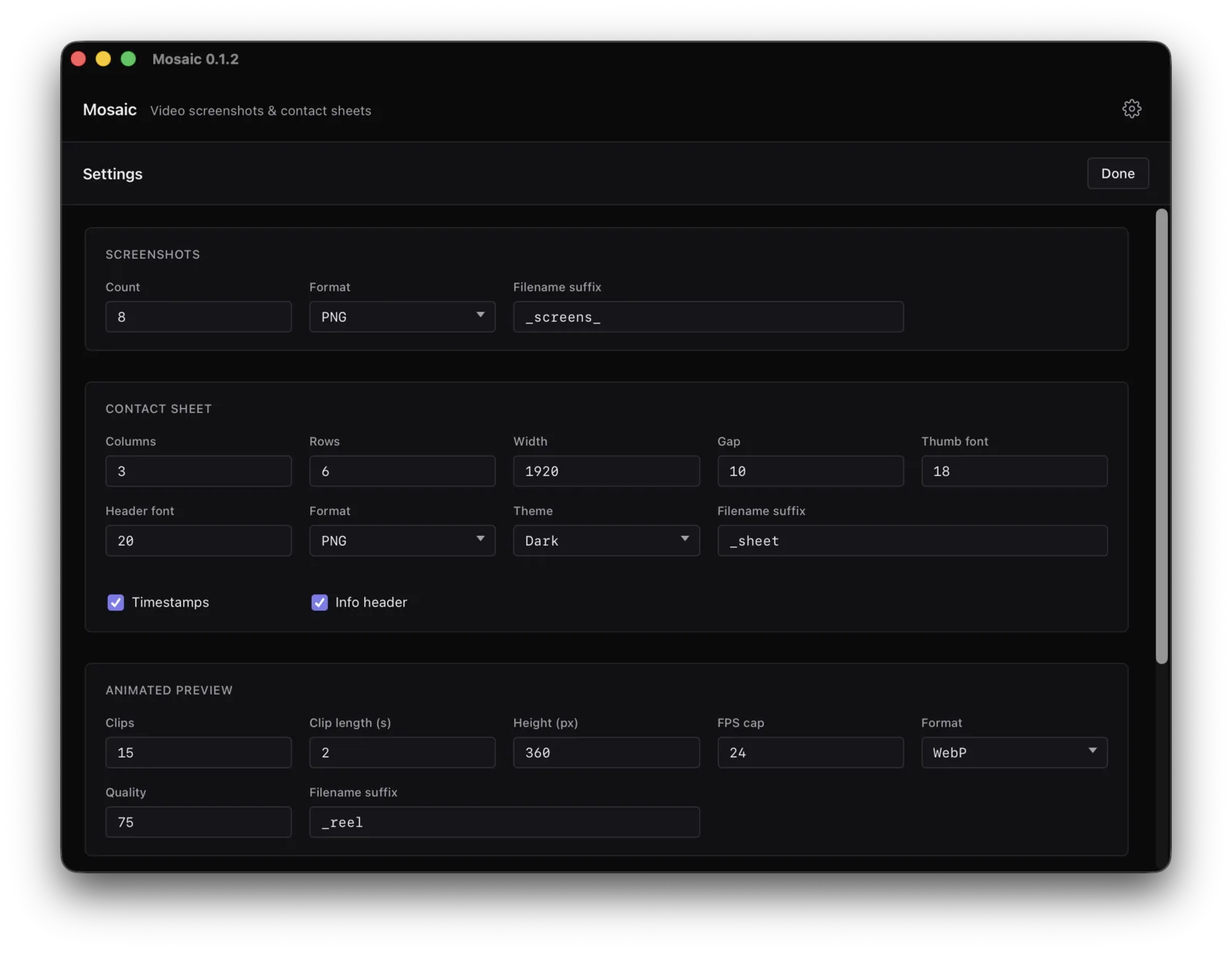 Mosaic settings panel