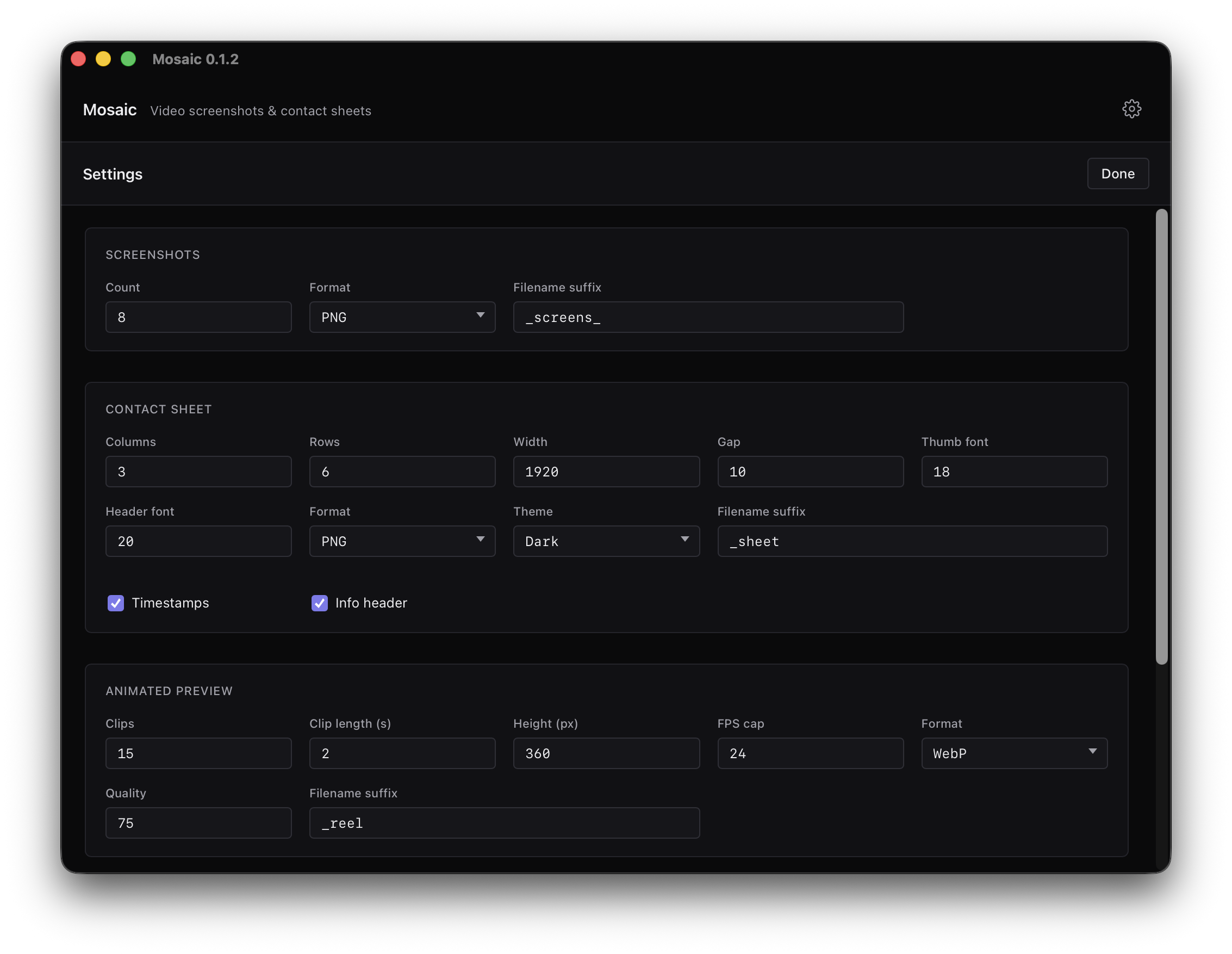 Mosaic settings panel